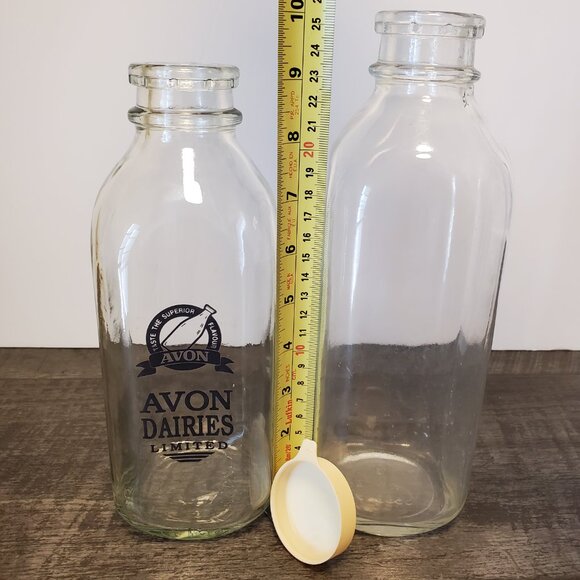 Vintage Milk Bottles. Avon Dairies 9" Clear 10",  3" Base. One Lid. - Picture 3 of 5